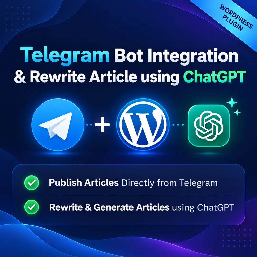 Telegram Bot Integration & Rewrite Article using ChatGPT WordPress plugin, showing the Telegram, WordPress and ChatGPT logos